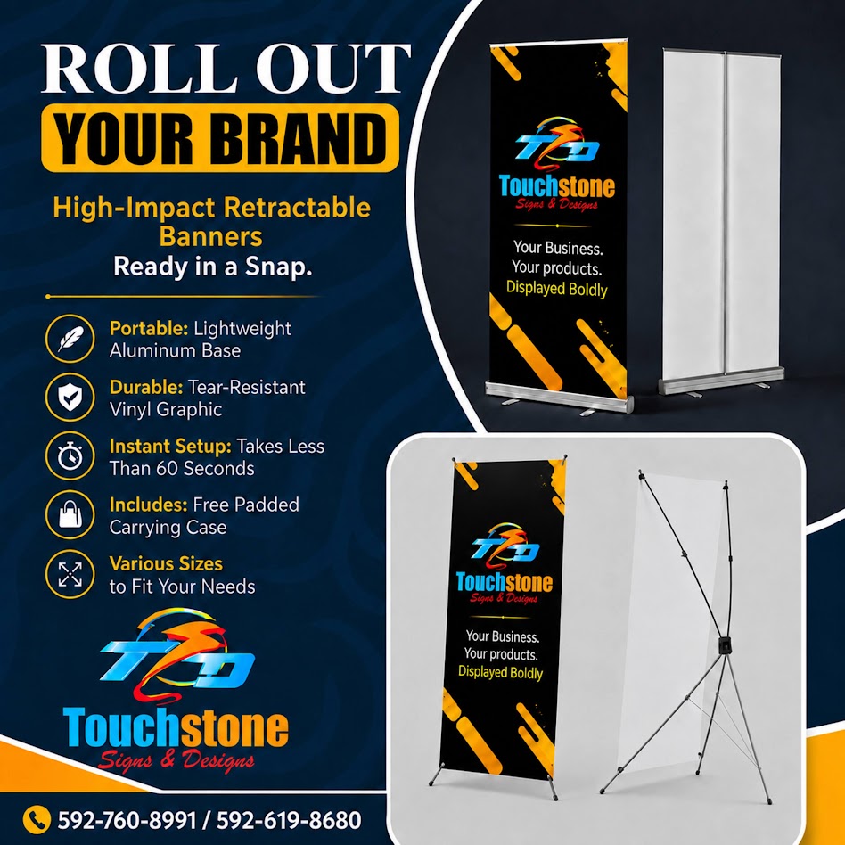Touchstone retractable roll-up banner with aluminium base and X-frame banner stand, shown from the front and rear